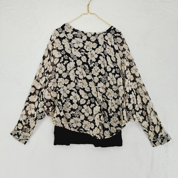 a.moon Floral Print Black & White Long Sleeve Blouse Top 1252 - Picture 4 of 9